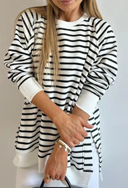 Gracie Striped Raglan Side Slit Sweatshirt Top