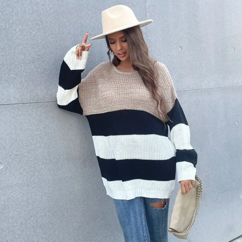 Loose Color Blocking Stripe Knitted Long Sweater