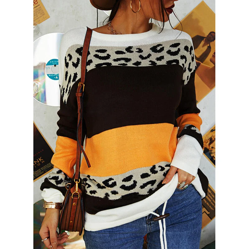 Crew Neck Leopard Pattern Color Blocking Sweater Wholesale Clothing Suppliers