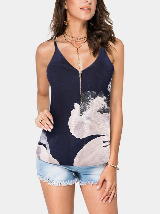 Wholesale V-Neck Floral Print Zip Back Sleeveless Dark Blue Camis