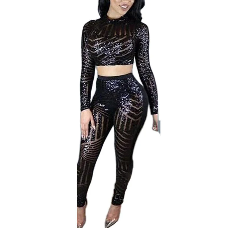 Women Crop Top + Pant Sequined O-Neck Playsuit Two Pieces Outfit