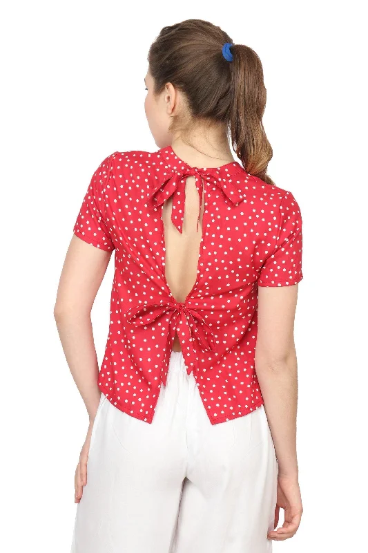 Red & White Polka Dots Printed Back Tie Top