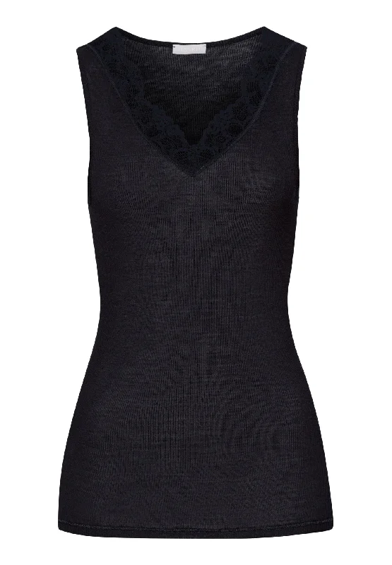 Woolen Lace Fine Ribbed Wool And Silk Tank Top | Black 70912-019