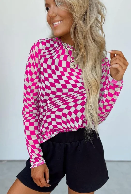 Checkered Pattern Mesh Layering Top Hot Pink