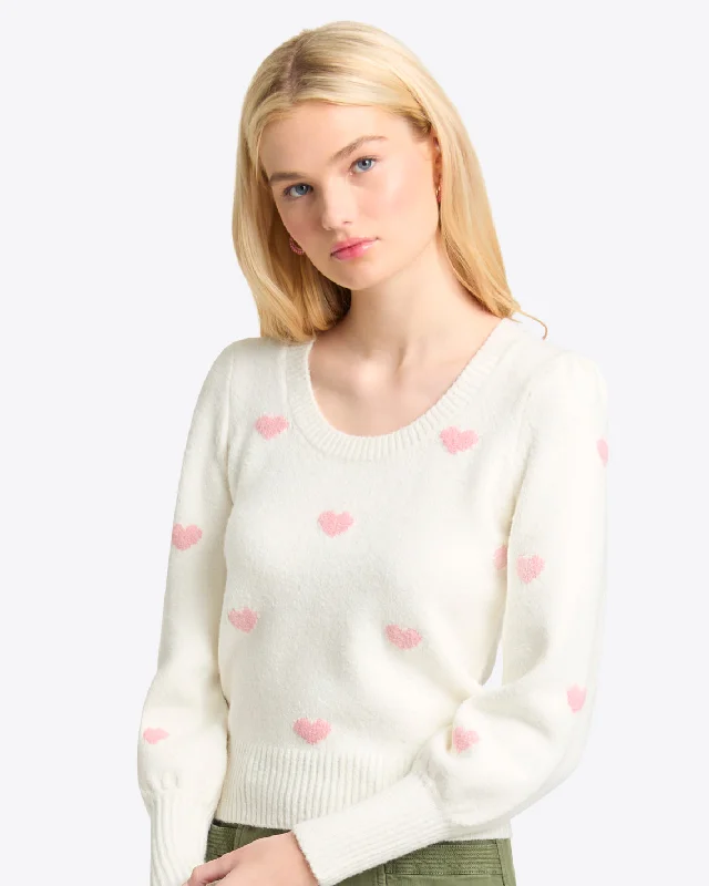 Puff Sleeve Heart Sweater in White