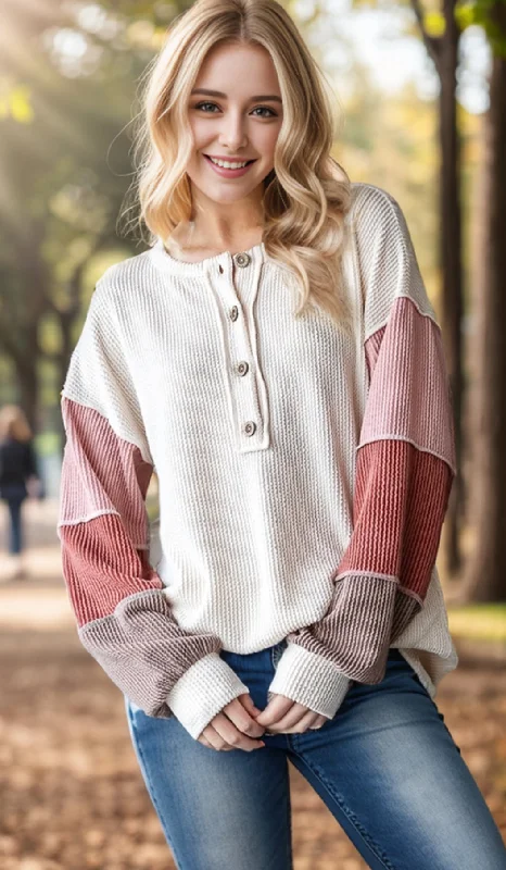 Oatmeal Multi Color Block Ribbed Top