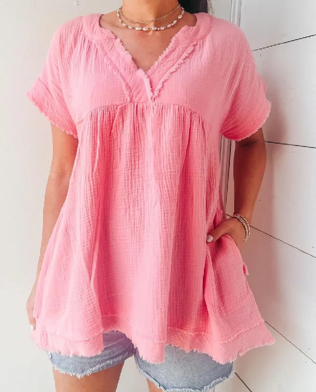 Laci Raw Hem Top Candy Pink