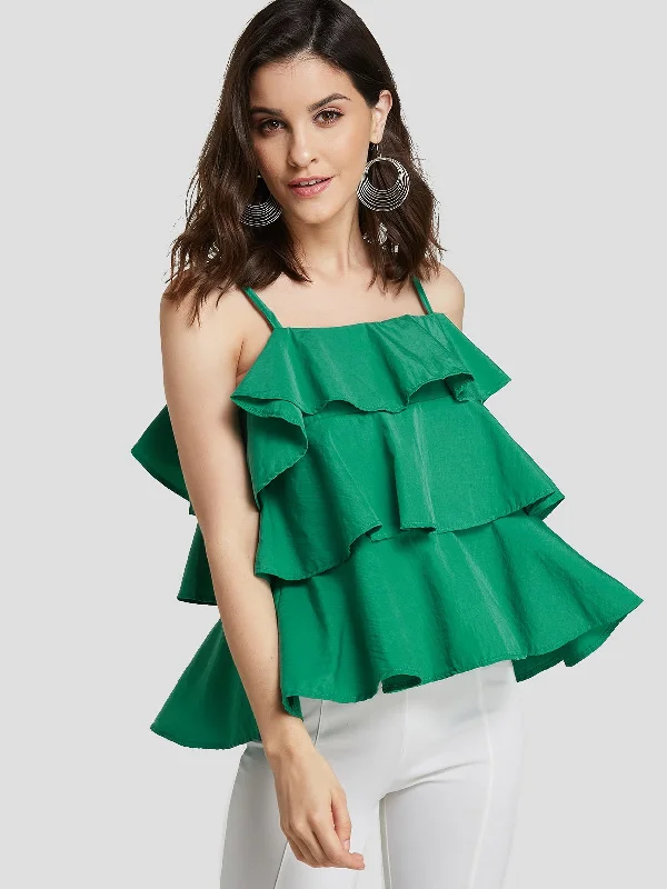 Wholesale Square Neck Plain Tiered Spaghetti Strap Sleeveless Green Camis