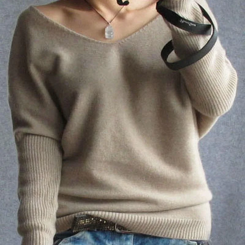 autumn winter 100 cashmere sweater women fashion sexy v-neck sweater loose long sleeve solid 100% wool sweater