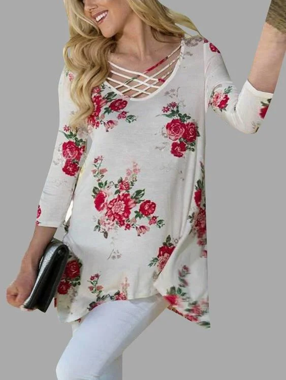 Wholesale White Round Neck 3/4 Sleeve Length Floral Print Crossed Front Irregular Hem T-Shirts