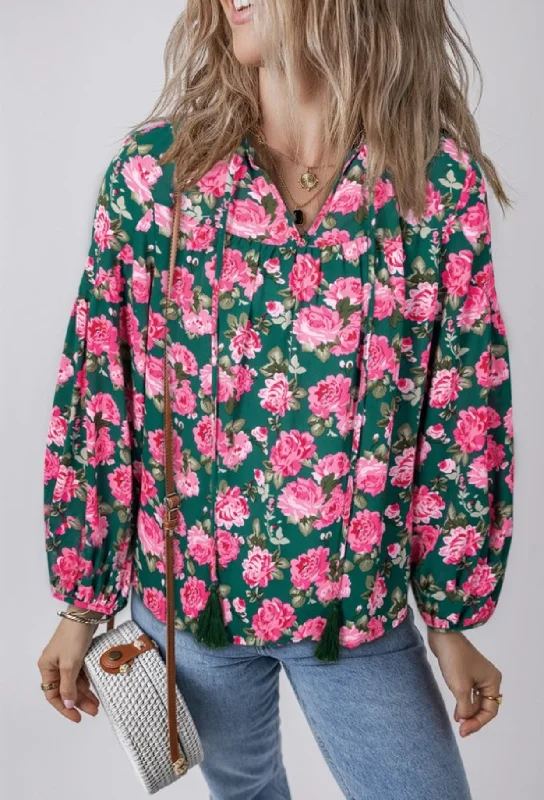 Peony Green Floral Puff Sleeve Top