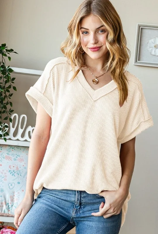 Ribbed V Neck Top Cream