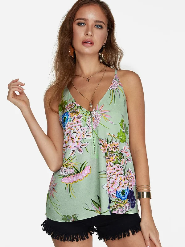 Wholesale V-Neck Floral Print Zip Back Sleeveless Green Camis