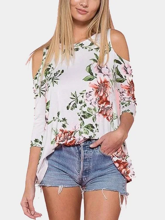 Wholesale White Round Neck Cold Shoulder 3/4 Sleeve Length Floral Print Cut Out Top