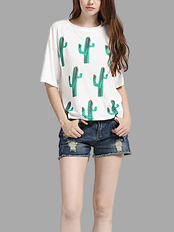 Custom Round Neck Casual Loose Cactus Pattern Half Sleeve White T-Shirts