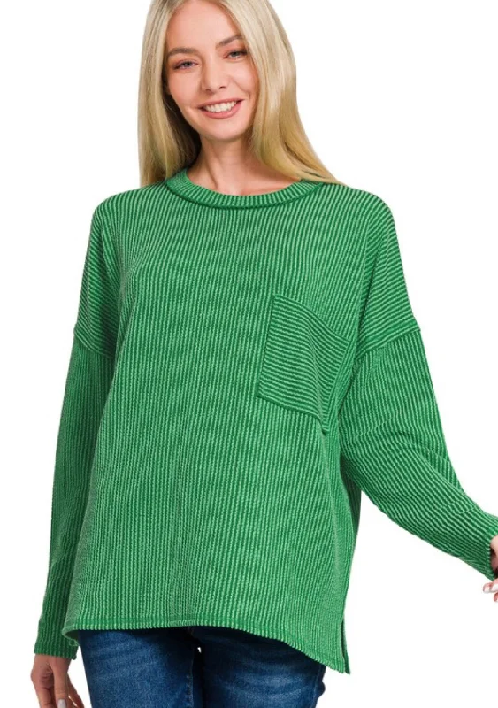 Ribbed Knit Solid Basic Top Dark Green