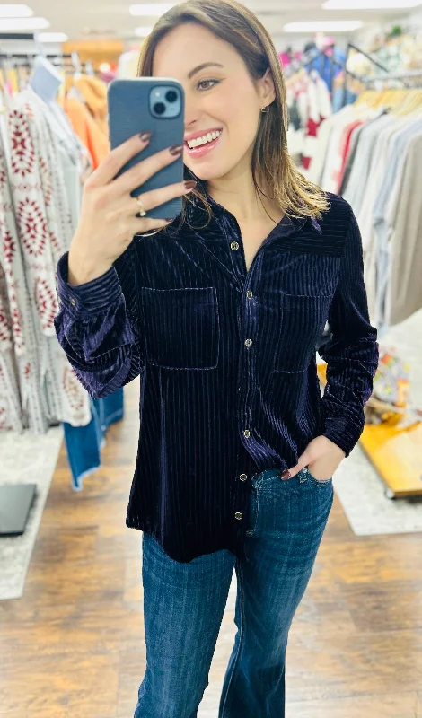 UMGEE Velvet Button Down Top Eggplant