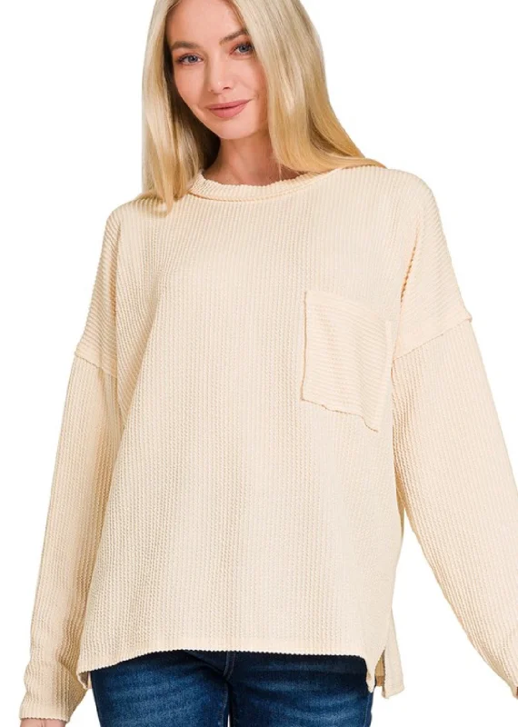 Ribbed Knit Solid Basic Top Cream Beige