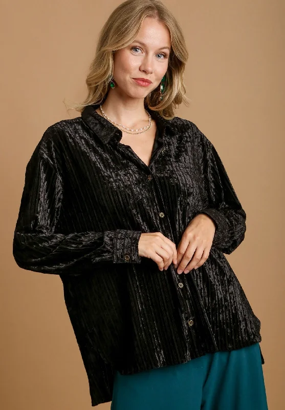 UMGEE Striped Velvet Button Down Top Black