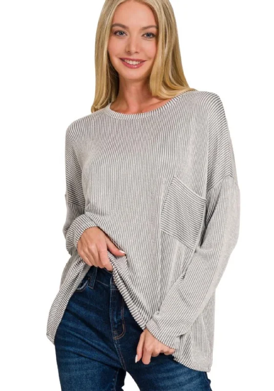 Ribbed Striped Long Sleeve Top Dark Grey