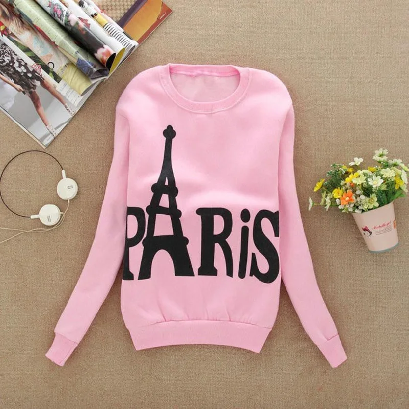 Modern Spring Autumn Winter Womens Long Sleeve Printed Pullover casual Sweatshirts Blouse Tops Cotton Eiffel Tower Pattem H17