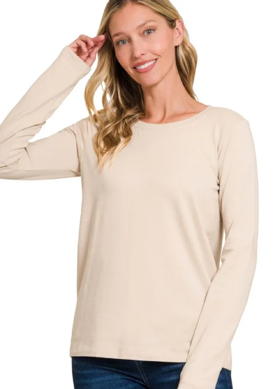 Basics Cotton Crew Neck Long Sleeve Tee Beige