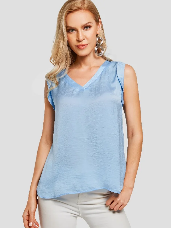 Wholesale V-Neck Plain Sleeveless Blue Camis