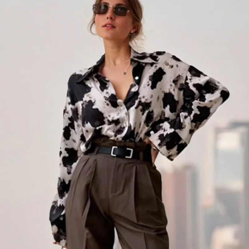 Cow Print Button Up Shirts Women Spring Plus Size Tops Korean Fashion Clothes Chiffon Streetwear Long Sleeve