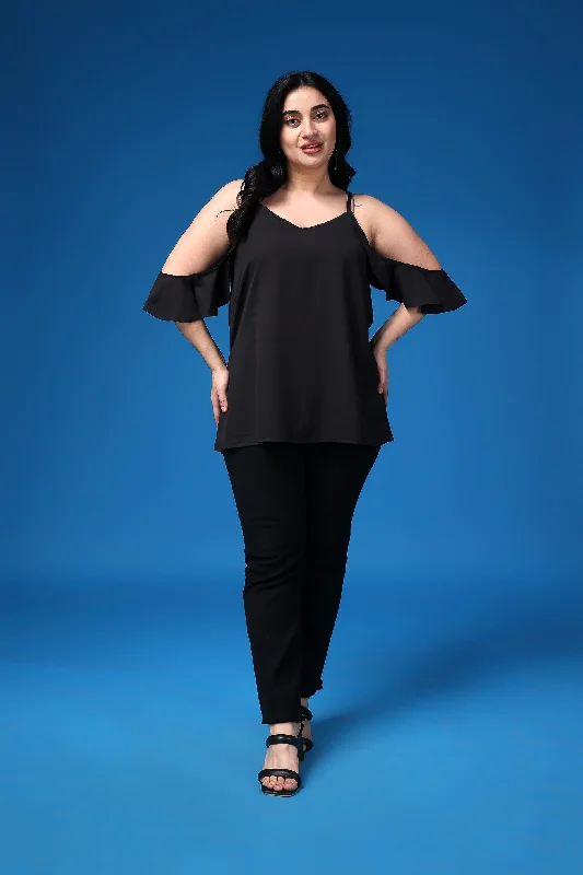 Black Solid Long Top with Cold Shoulder