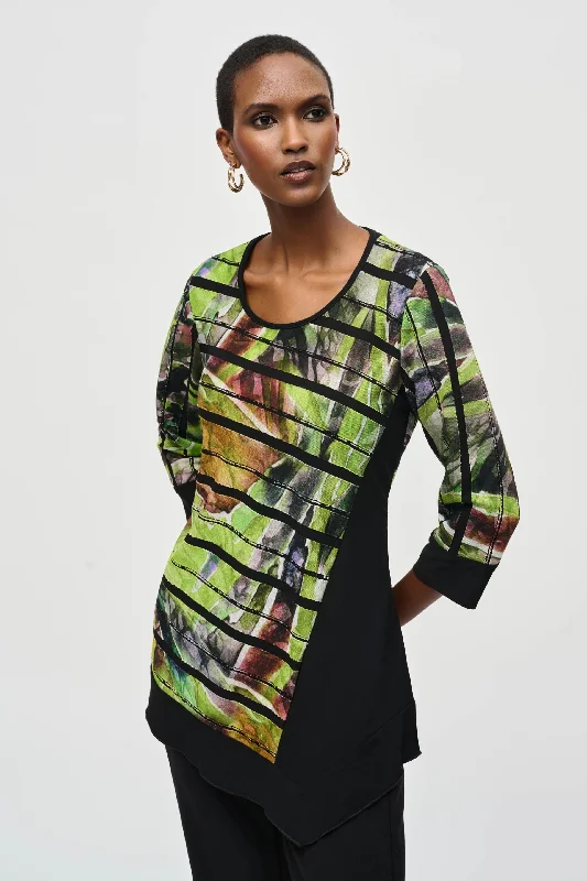 Joseph Ribkoff Black/Multi Striped Abstract Print Asymmetric Tunic Top 243112