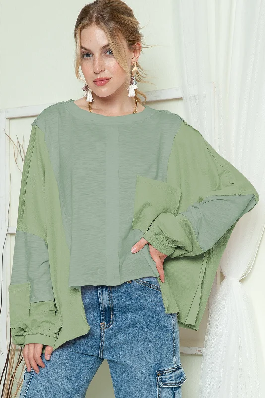 Green Splicing Long Sleeve Pocketed Oversized Top