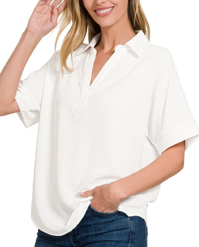 Willow Airflow Collared V Neck Top Off White