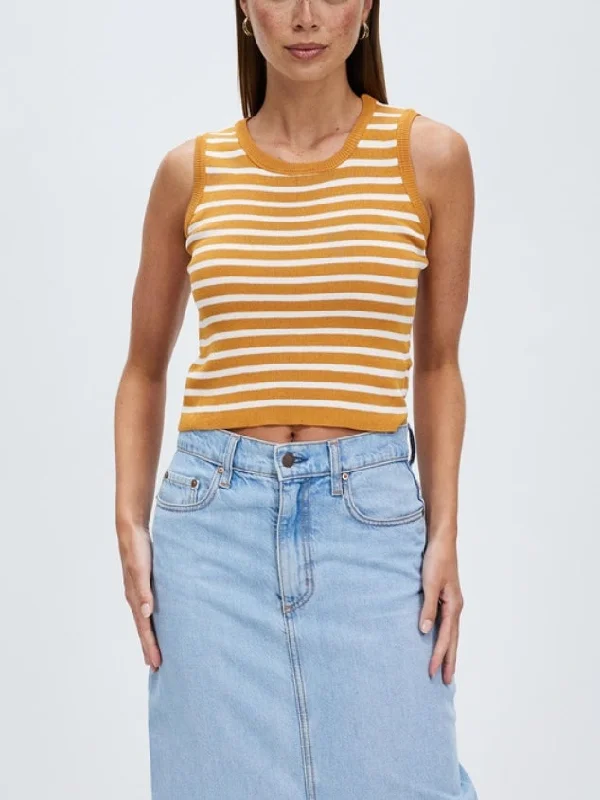 Women's Sexy Sleeveless Basic Halter Striped Rib Knit Cami Yellow Crop Tops by Kaja Clothing - Odelia Top