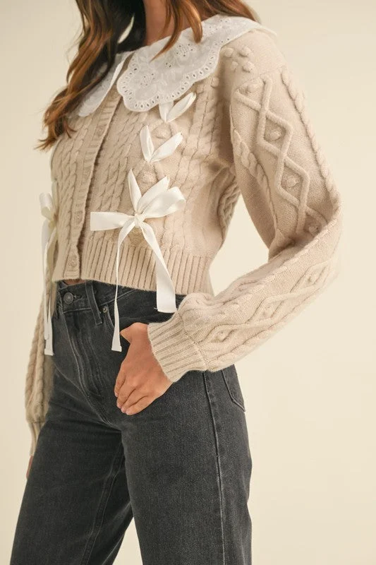 Embroidered-Collar Cable Cardigan