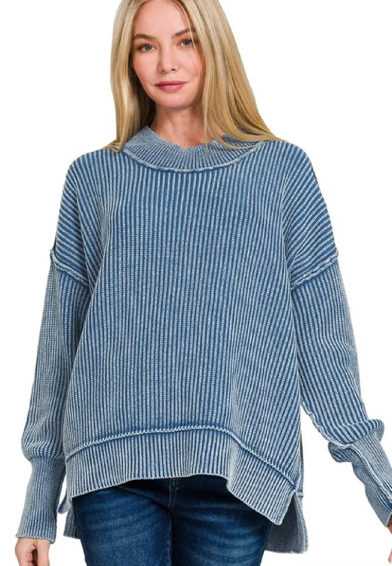 Washed Oversized Ribbed Sweater Blue