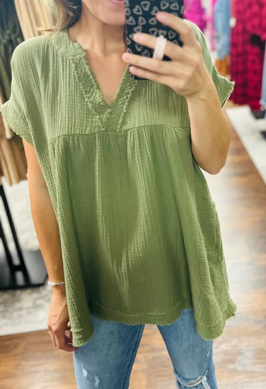 Laci Raw Hem Top Dusty Green