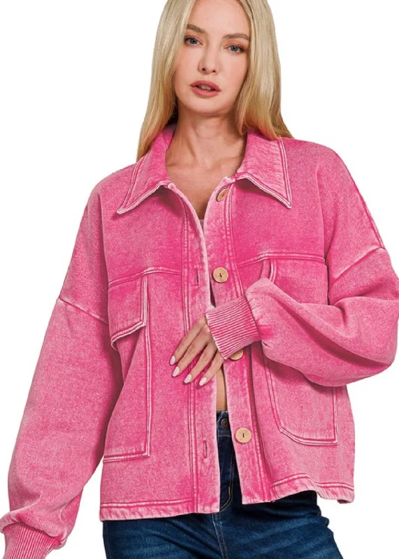 Washed Fleece Front Pocket Button Up Shacket Hot Pink