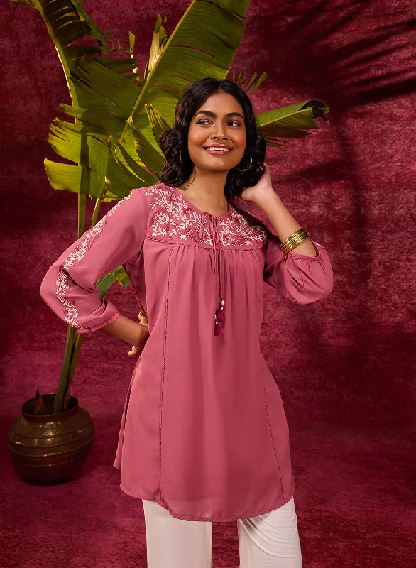 Nazakat Turkish Rose Pink Viscose Georgette Embroidered Top for Women