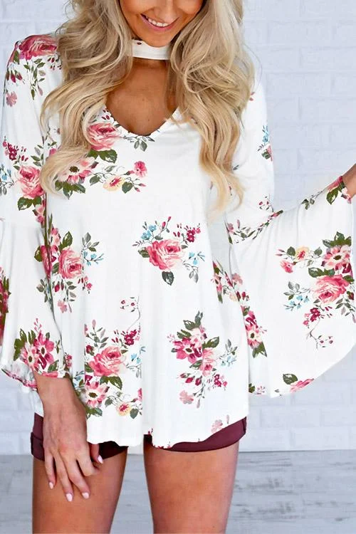 Custom V-Neck Floral Print Long Sleeve White Top