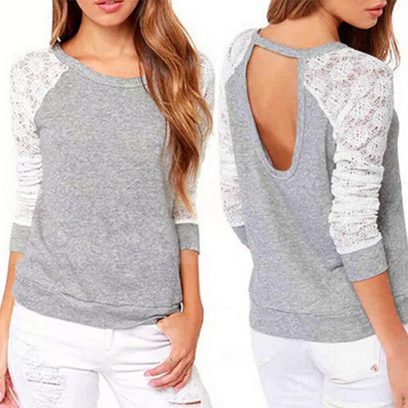 Spring Autumn Women Sweatshirts Backless Embroidery Lace Casual Hoodies Long Sleeve Sweatshirts Ladies