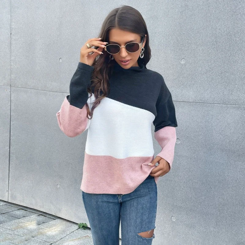 Half High Collar Tri-Color Women Knitted Sweater Wholesale