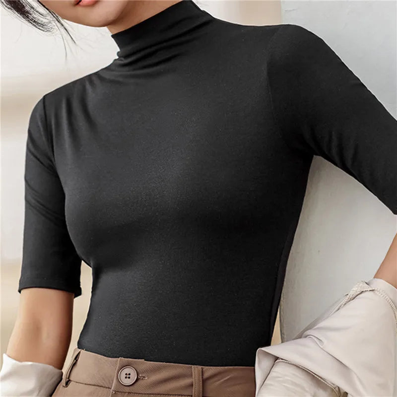 Women Turtleneck Pullover Slim Fit Short Sleeve T-Shirts Casual Solid Semi-High Collar Bottomed Shirt Female Basic Cropped Tops