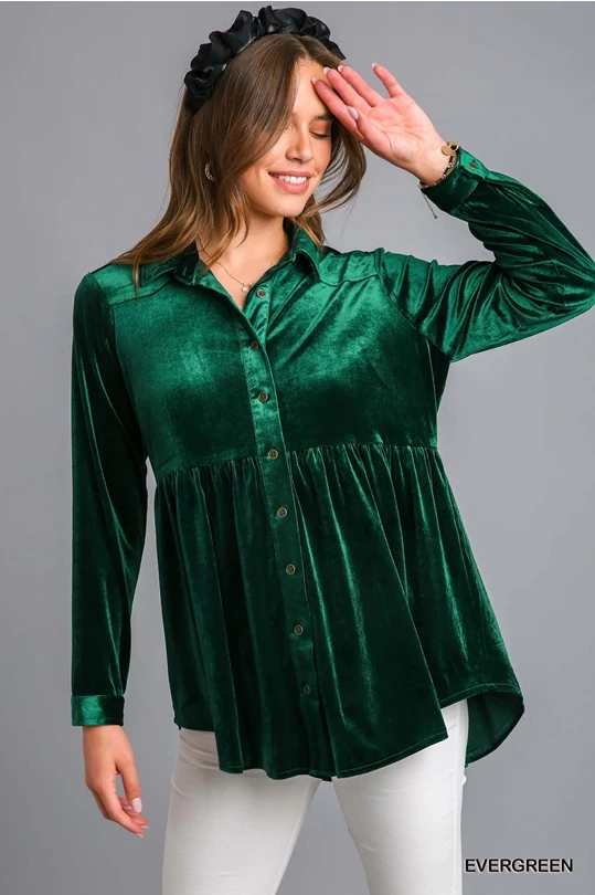 UMGEE Velvet Button Down Collared Top Evergreen