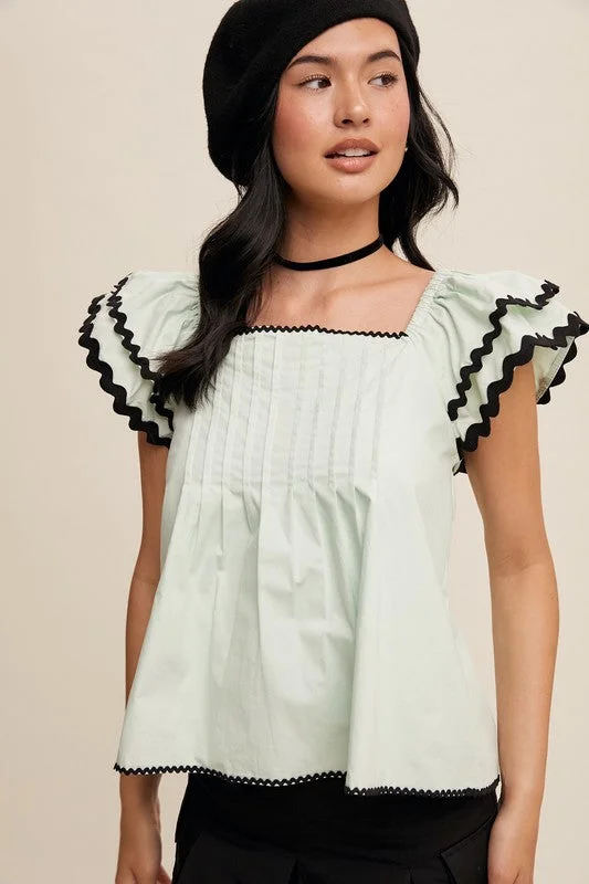 Flutter-Sleeve Pleated Blouse