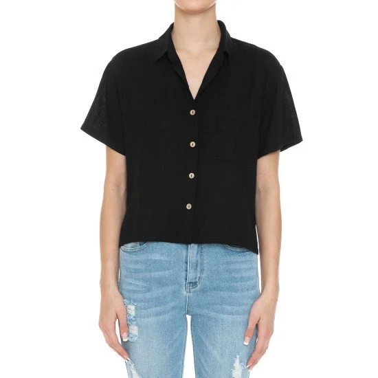 Linen Blend Ocean Melody Button Up Top in Black