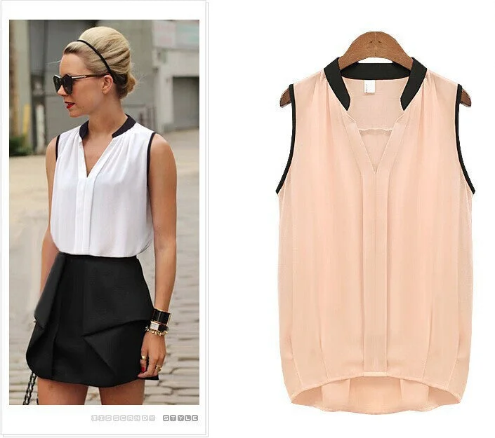 Solid Chiffon Women Blouses O-Neck Sleeveless Sexy Shirt Casual Tops Clothing