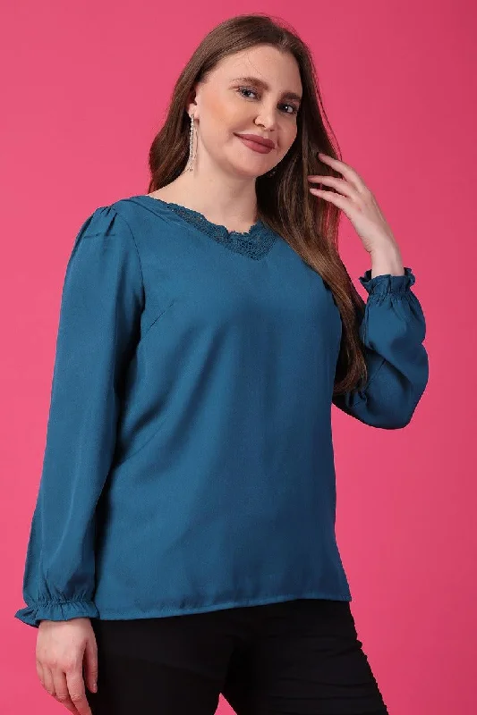 Teal Blue Top with Lace Neck