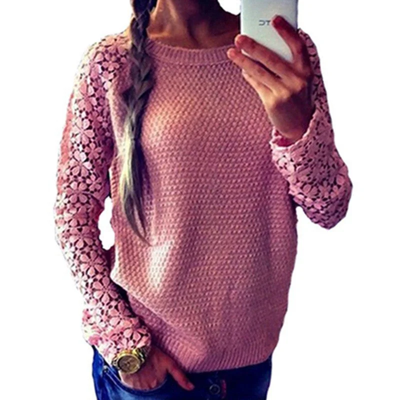 Spring Autumn Fashion Women Long Sleeve Lace Patchwork Casual Pullover Ladies Sweaters Plus Size clothes