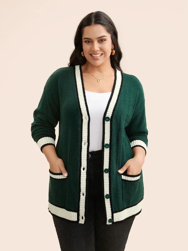 Contrast Trim Button Up Pocket Cardigan