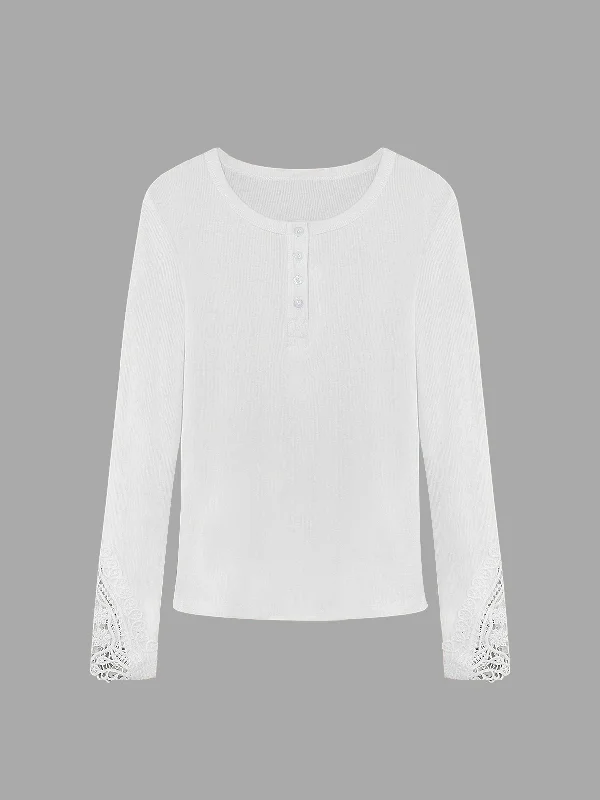 Custom V-Neck Lace Long Sleeve Curved Hem White Top